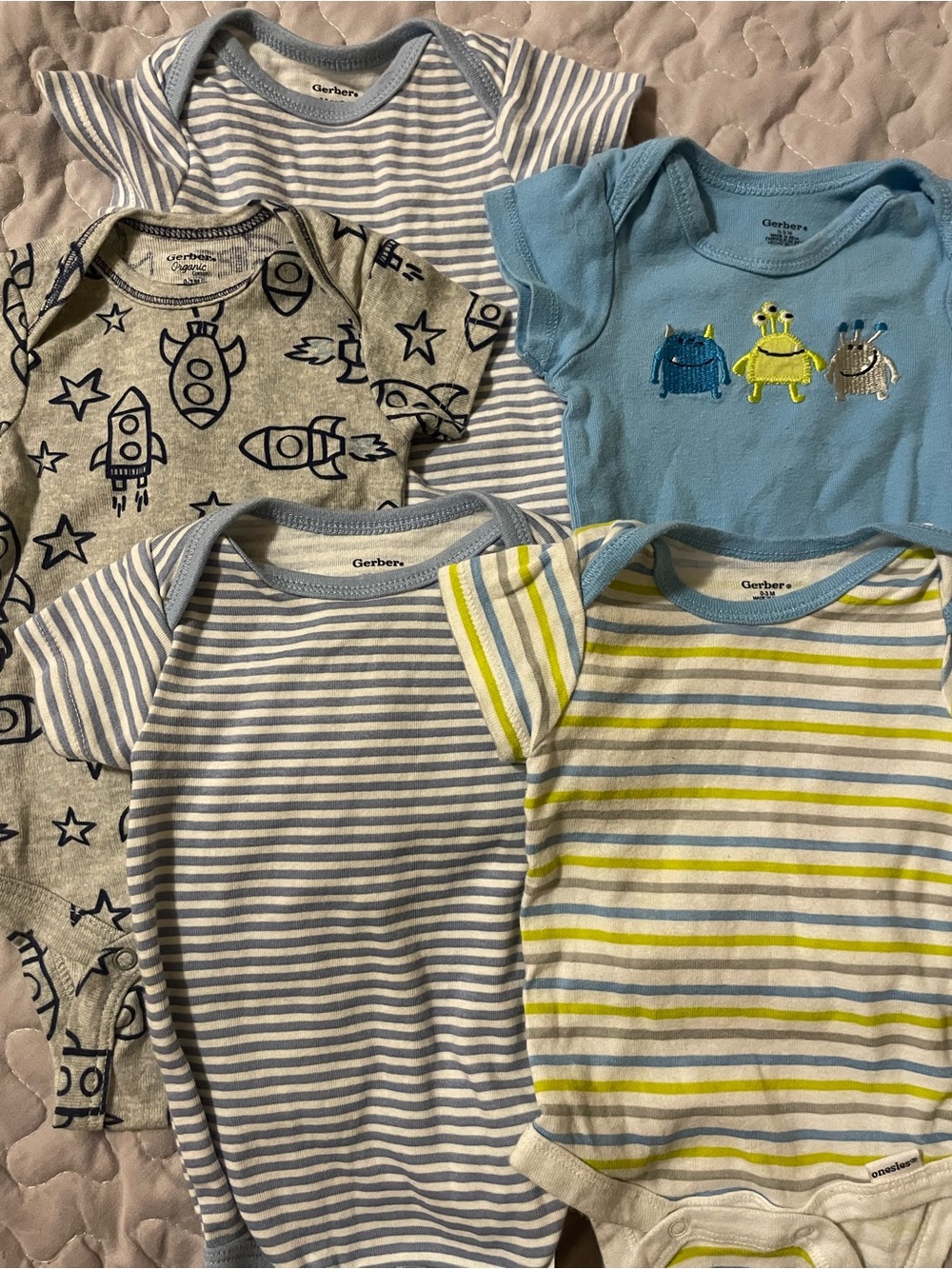 Gerber Baby Onesies - Blue, Gray, White, Lime Striped Rocket Space Alien EUC
